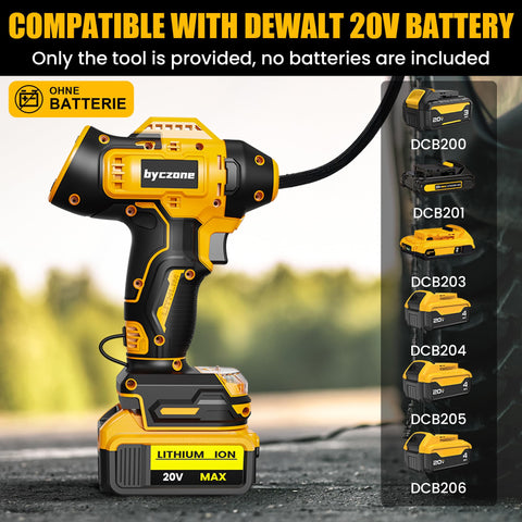 Cordless Tire Inflator With 160 PSI LCD Gauge attached to a 20V battery, showing compatibility with Dewalt batteries