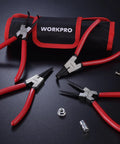 4 Piece Snap Ring Pliers Set, Seven Inch Internal And External Circlip Pliers Kit With Straight And Bent Jaw, shown with storage pouch