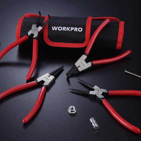 4 Piece Snap Ring Pliers Set, Seven Inch Internal And External Circlip Pliers Kit With Straight And Bent Jaw, shown with storage pouch