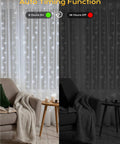Curtain Fairy Lights With Remote, 300LEDs White Waterproof String Lights on living room backdrop with auto timing function.