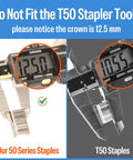Measurement comparison of Twenty Gauge Galvanized Staples with Half Inch Crown and Three Eighths Length Match Type Fifty.