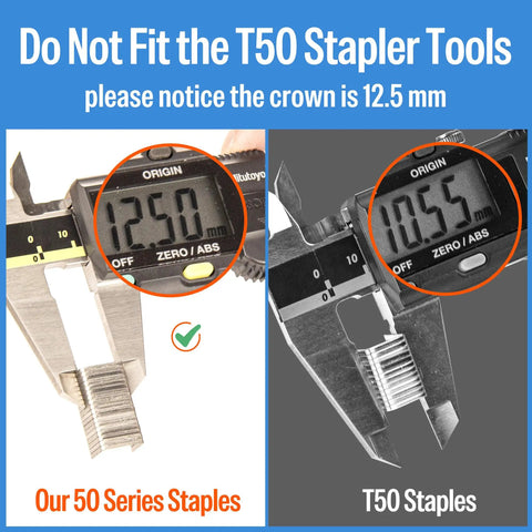 Measurement comparison of Twenty Gauge Galvanized Staples with Half Inch Crown and Three Eighths Length Match Type Fifty.