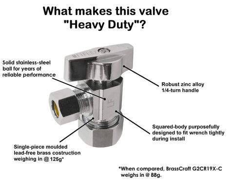Front view of chrome-plated brass squared-body angle shut-off valve; 1/2 in nominal compression inlet, 3/8 in compression outlet