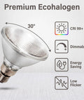 KOFEOPT 2-Pack PAR38 Flood Light Bulbs, 90W 120V Halogen Bulb Dimmable, E26 Base PAR38 Bulb 2700K Warm White 30 degree angle view