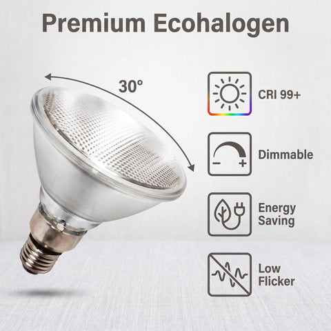 KOFEOPT 2-Pack PAR38 Flood Light Bulbs, 90W 120V Halogen Bulb Dimmable, E26 Base PAR38 Bulb 2700K Warm White 30 degree angle view