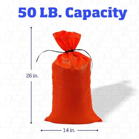 Heavy Duty Sand Bags With Tie Strings For Flood Control, 50 Lb Capacity, 14x26 Inches, Orange, Woven Polypropylene Material