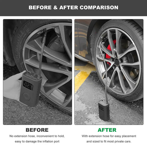 Comparison showing tire inflator extension tube nineteen point seven inch flexible air pump hose adapter before and after use