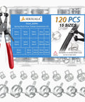 120 Piece Spring Band Hose Clamps Set 6mm To 25mm With Swivel Flat Clamp Plier Constant Tension Steel Clips in storage case