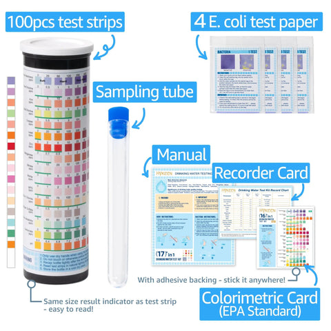 17 in 1 Drinking Water Test Kit With 100 Strips And 4 Bacteria Tests For Tap, Well And Home Water Quality, bottle and chart