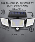 Hotainoys Solar Motion Sensor Outdoor Lights, 3-Head 208led Solar Flood Lights dimensions and solar panel design.