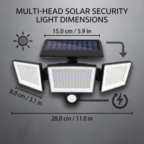 Hotainoys Solar Motion Sensor Outdoor Lights, 3-Head 208led Solar Flood Lights dimensions and solar panel design.