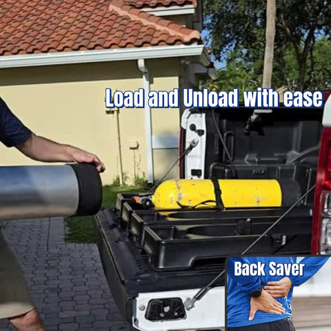 Universal Scuba Tank Transporter With Valve Protection Non Slip Pad Quick Release Strap being loaded into truck