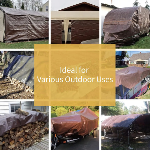 Various uses of Brown Green 12x16 Feet Medium Duty Outdoor Waterproof Poly Tarp Cover 7 Mil with Rustproof Aluminum Grommets