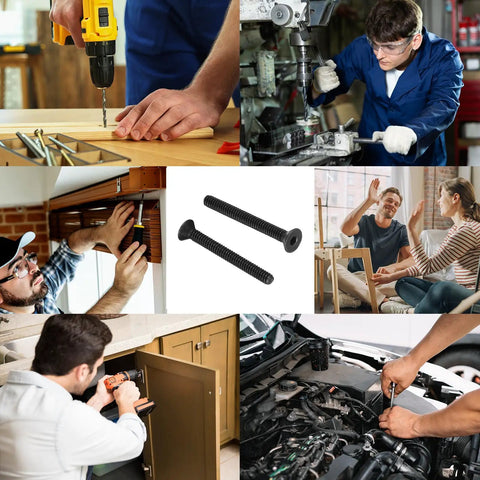 Heavy Duty Carbon Steel Flat Head Socket Cap Screws, 3/16-24 X 1-3/4 Inches, Black Oxide Finish, Grade 10.9, shown in various applications.