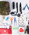 All In One 67 Piece 14 In 1 Outdoor Survival Gear Kit with first aid kit, compass, flashlight, tools, and more for camping.