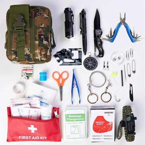 All In One 67 Piece 14 In 1 Outdoor Survival Gear Kit with first aid kit, compass, flashlight, tools, and more for camping.