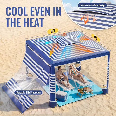 8 X 8 Ft Pop Up Beach Canopy Tent For 6 To 8 People With UPF 50 Plus Sun Protection Sidewall Wind Resistant Frame on beach