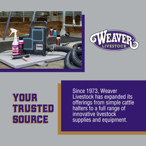Livestock grooming supplies including blower, spray bottles, and brushes on a mat with Weaver Livestock branding.
