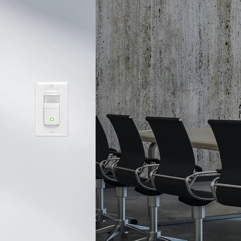 Occupancy Vacancy Motion Sensor PIR Wall Switch With Three Way Or Single Pole Configuration installed in a modern office space.