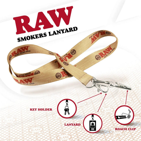 Smokers Lanyard With Key Holder Hands Free Accessory For Keys Badges And More Durable Fabric With Bold Branding Secure Metal Clip Everyday Carry Essential, showcasing beige fabric and bold RAW branding.