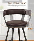 Set Of Two Built Different Swivel Bar Stools With Cushy Leather Seats And Heavy Duty Metal Frame At 30 Inch Counter Height With Solid Footrail In Warm Brown For Sweet Kitchen Hangouts showing a 360° swivel seat in brown leather.
