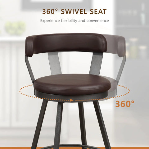 Set Of Two Built Different Swivel Bar Stools With Cushy Leather Seats And Heavy Duty Metal Frame At 30 Inch Counter Height With Solid Footrail In Warm Brown For Sweet Kitchen Hangouts showing a 360° swivel seat in brown leather.