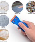 Hand holding blue scraper from 4 Pcs Plastic Razor Blade Scraper Set With 120 Blades For Label Decal And Adhesive Removal on various surfaces.