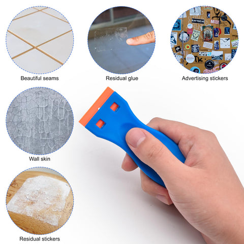 Hand holding blue scraper from 4 Pcs Plastic Razor Blade Scraper Set With 120 Blades For Label Decal And Adhesive Removal on various surfaces.
