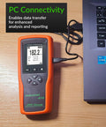 Industrial-Grade Coating Thickness Gauge With External Probe For Marine And Steelwork, Measures 0-197 mil (0-5000 microns) Fe And 0-120 mil (0-3000 microns) NFe, 0.001 mil Resolution, Factory, Zero, And Multi-Point Calibration, PC Connectivity, connected to laptop