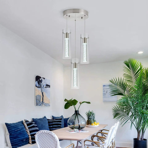 Room with Brushed Nickel Crystal Pendant Light with Adjustable Rod, Modern LED Fixture for Kitchen Island, Dining Room, and Bar, 8W 6000K