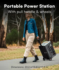 Woman pulling Go To Off Grid Power Station With 3600W Peak Output And 3600Wh LiFePO4 Battery on wheels outdoors