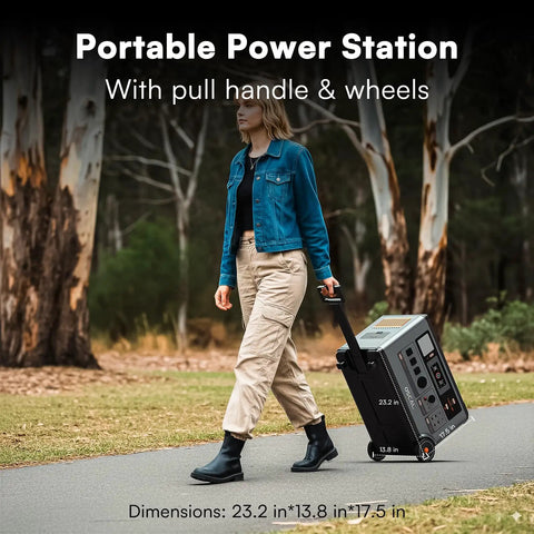 Woman pulling Go To Off Grid Power Station With 3600W Peak Output And 3600Wh LiFePO4 Battery on wheels outdoors