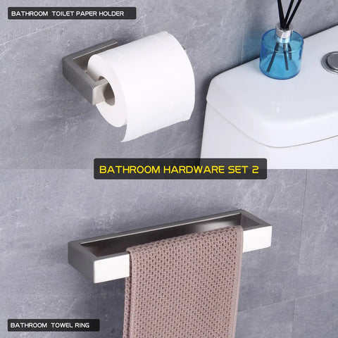 Contemporary Stainless Steel Wall Mounted Two Piece Bathroom Hardware Set With Brushed Finish For Towel Ring And Toilet Paper Holder