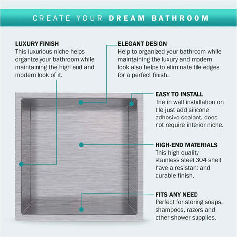12 By 12 Inch Shower Niche In Brushed Nickel Stainless Steel, Built To Last And Ready For Inwall Shelf Installation, Leak Proof, Lightweight, Rust Free Bathroom Organizer For Wet Showers with elegant design and high-end materials description.