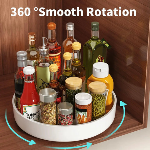Large Capacity Lazy Susan Organizer For Pantry Cabinet And Kitchen Storage Featuring Super Slick 360 Spinner Turntable Spice Rack with various bottles in a white rotating organizer.