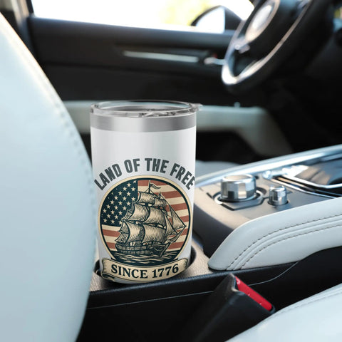 Patriotic Stainless Steel Insulated Tumbler With Vintage American Flag Sailboat Design Red White And Blue Vibes in car cup holder