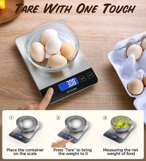 Smart 33 Lb Digital Kitchen Scale with eggs, tare function displayed, waterproof tempered glass, stainless steel platform