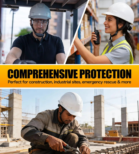 White Full Brim Hard Hat With 4 Point Adjustable Suspension OSHA Approved Work Ready Construction Helmet For Men ANSI Z89 1 Compliant worn by workers on various sites