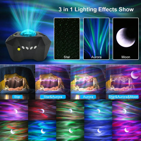 Aurora Projector Night Light With Bluetooth Speaker for Bedroom Vibes, galaxy light showing star, aurora, and moon effects.