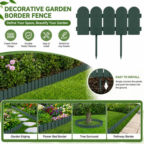 Decorative Green Garden Border Edging Kit For DIY Yards 8 Piece Flexible Polypropylene Lawn Fence Panels 10 Ft Total Length