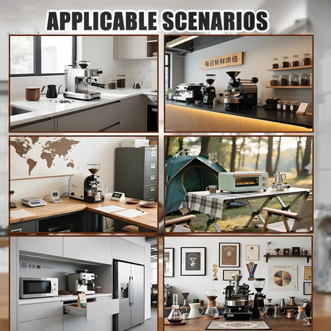 Various settings showcasing the Prograde Hot Air Coffee Roaster Machine For Home Or Cafe Counter with equipment in domestic and outdoor environments.