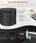 Road Tough Full Size Five Piece Drum Case Set With Killer Thick Padding For 10 Inch 12 Inch Toms 14 Inch Snare 16 Inch Floor Tom And 22 Inch Bass Drum Bags, showcasing durable 600D waterproof material and layered padding.