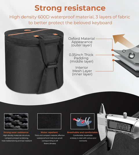 Road Tough Full Size Five Piece Drum Case Set With Killer Thick Padding For 10 Inch 12 Inch Toms 14 Inch Snare 16 Inch Floor Tom And 22 Inch Bass Drum Bags, showcasing durable 600D waterproof material and layered padding.