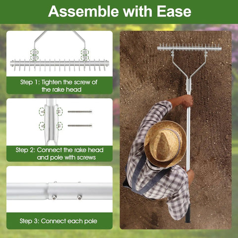 Assembly instructions for 20 Inch Wide Lawn Dethatcher Rake With Long Handle, 19 Curved Tines, Adjustable From 25 To 60 Degrees, Lightweight Aluminum.