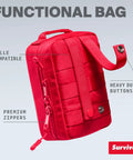 Front view of a red SurviveX small first aid kit pouch with MOLLE compatibility and heavy-duty buttons.