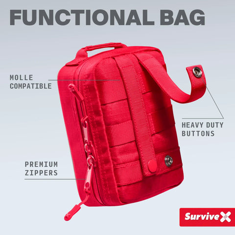 Front view of a red SurviveX small first aid kit pouch with MOLLE compatibility and heavy-duty buttons.