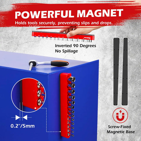 Top Notch Quarter Inch Metric Magnetic Socket Organizer Set Holds 26 Sockets With Boss Level Detachable Tray And Five Millimeter Industrial Magnet Base Sweet Upgrade For Garage Or Home Workshop Rack