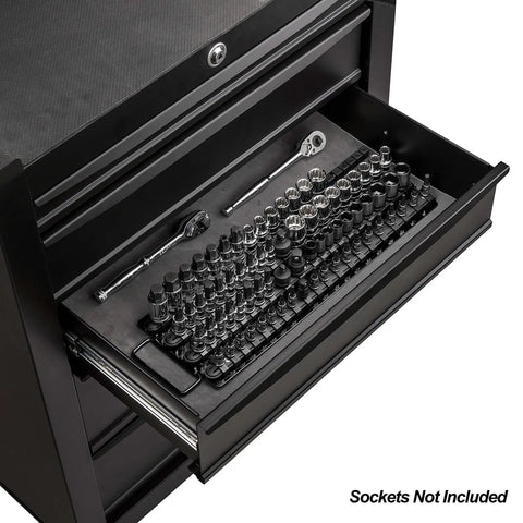 80 Piece Socket Organizer Rail Set For 1/4, 3/8, And 1/2 Inch Drives in a toolbox drawer, sockets not included