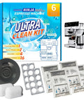 Ninja Luxe Cafe Espresso Cleaning Kit 6 Month Supply Descale Packets Cleaning Tablets Water Filters shown with espresso machine
