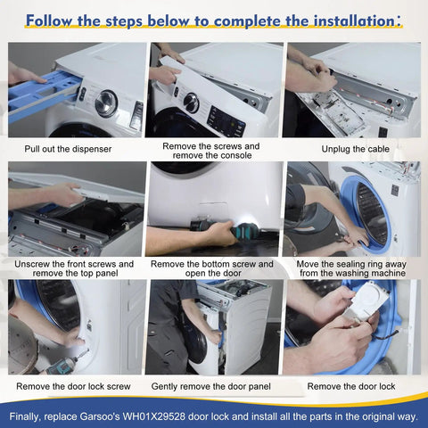 Top Notch Washer Door Lock Replacement Fits Whirlpool Maytag GE Appliances WH01X29528 AP6985313 installation steps with tools and washer parts.